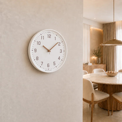 Verona White 30cm white wall clock, on a dining room wall