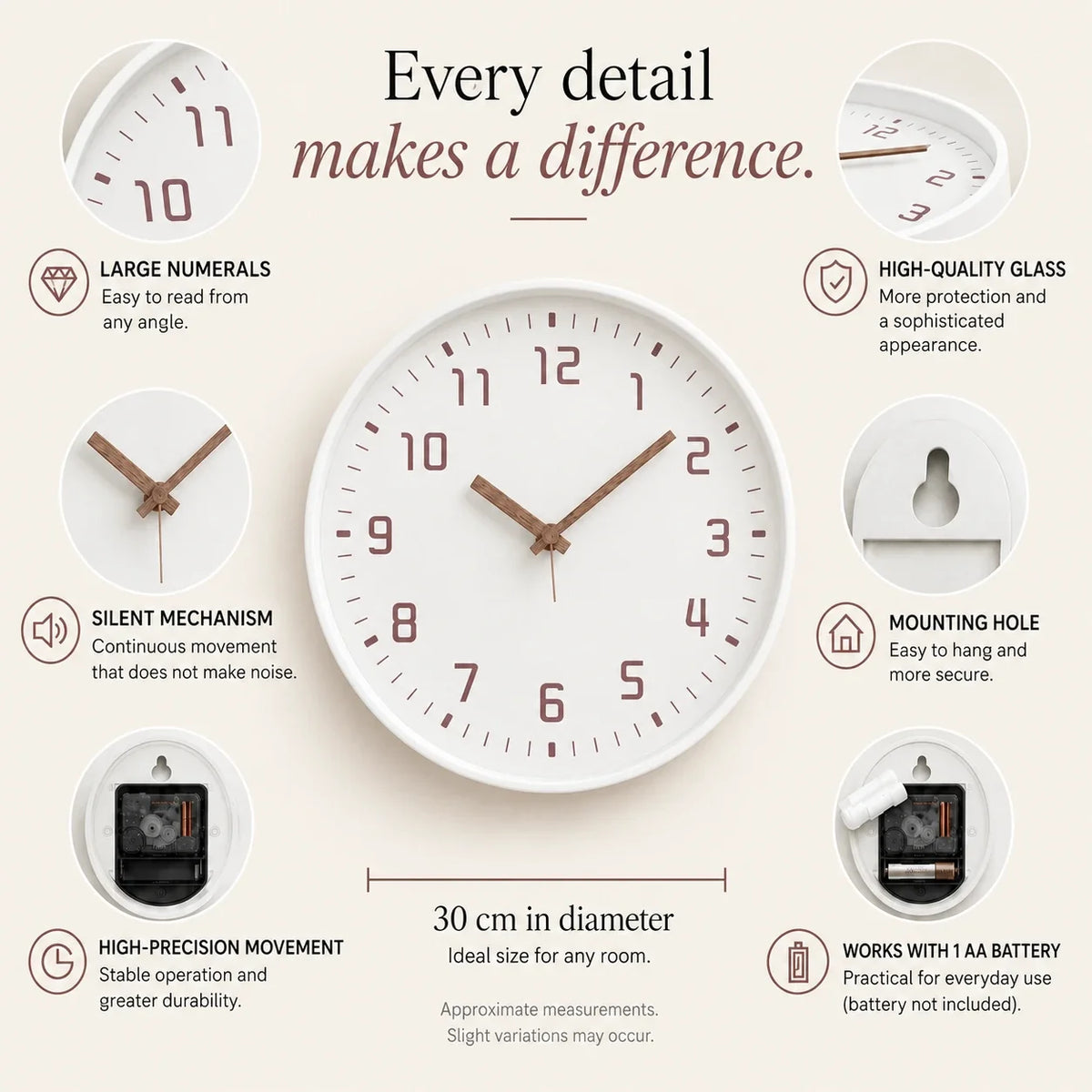 Verona White 30cm white wall clock, features graphic: large numerals, silent movement, hanging hole and one AA battery