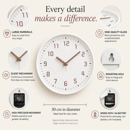 Verona White 30cm white wall clock, features graphic: large numerals, silent movement, hanging hole and one AA battery