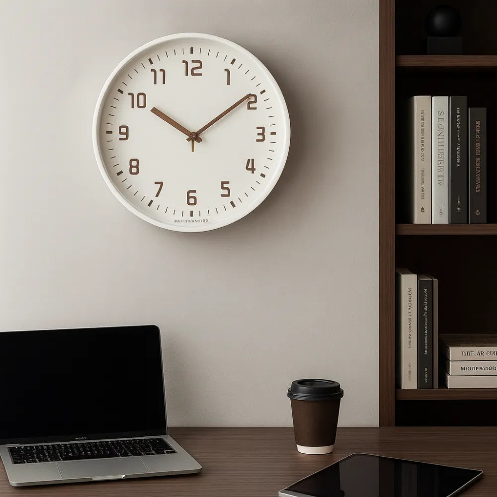 Verona White 30cm white wall clock, above a home office desk