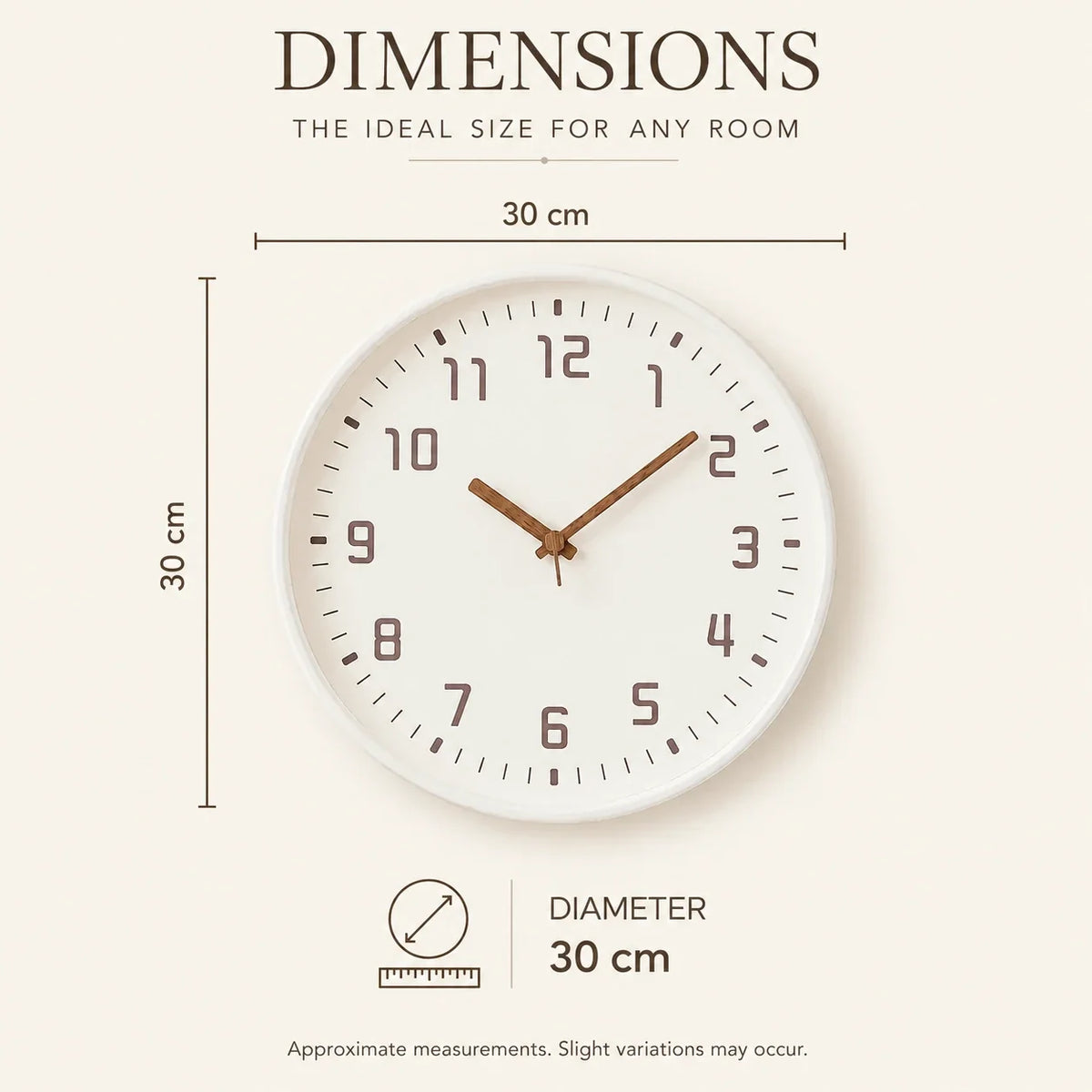 Verona White 30cm white wall clock, size guide, 30 cm diameter