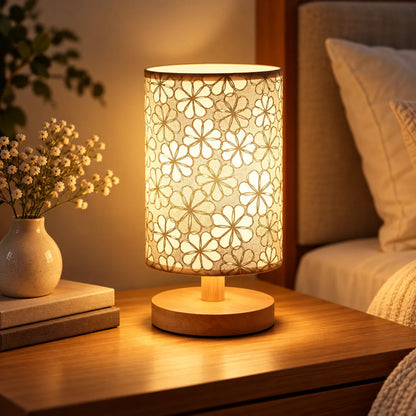 Wood base table lamp with floral fabric shade for bedroom decor