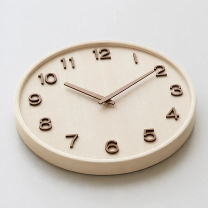 Cremona Cream Wood 30cm wooden wall clock, angled view on the wall