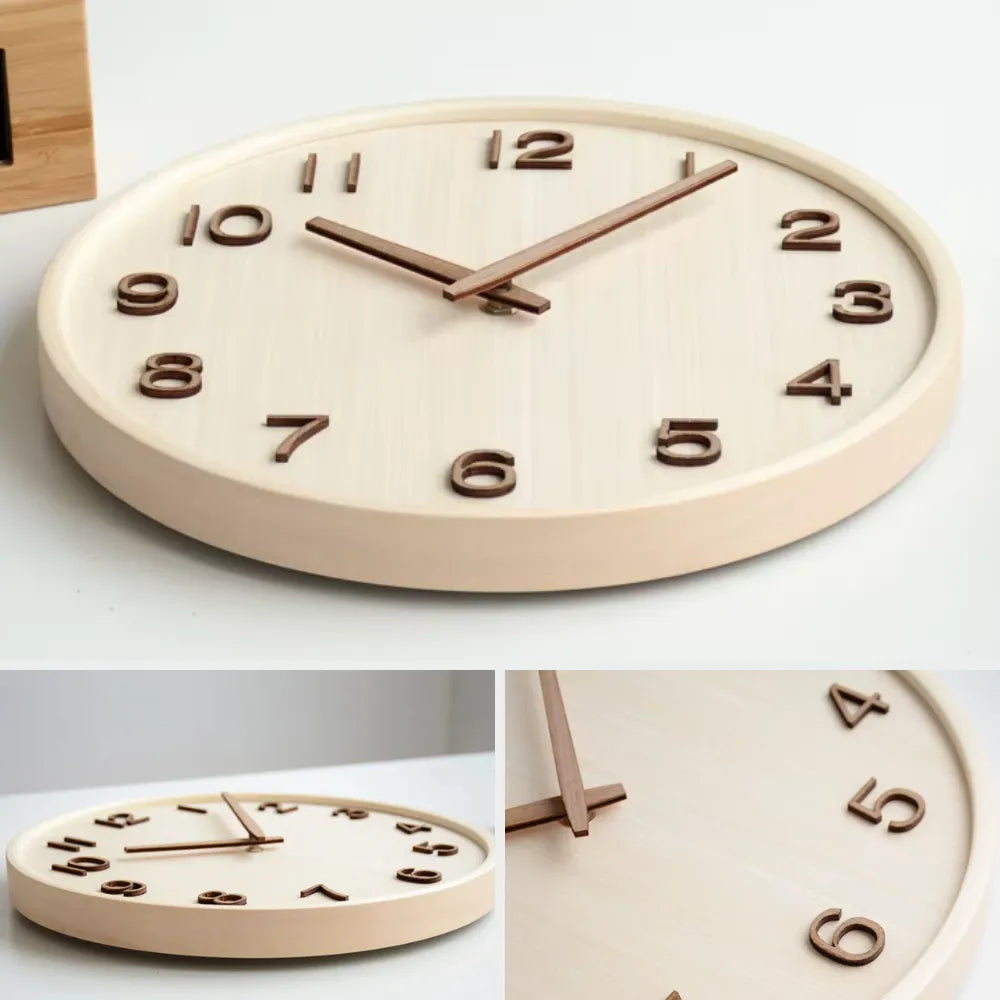 Cremona Cream Wood 30cm wooden wall clock, detail views of the numerals, frame and back
