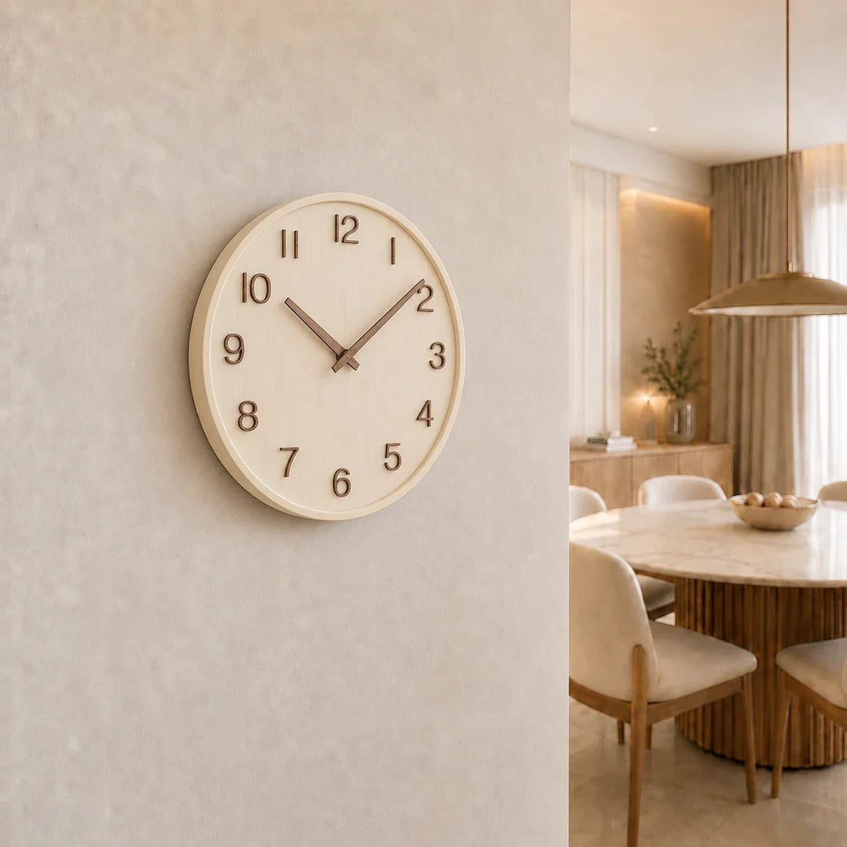 Cremona Cream Wood 30cm wooden wall clock, on a dining room wall