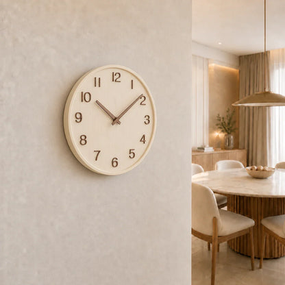 Cremona Cream Wood 30cm wooden wall clock, on a dining room wall