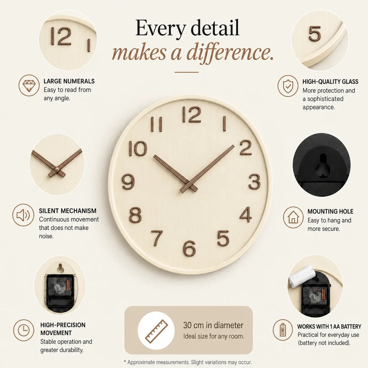 Cremona Cream Wood 30cm wooden wall clock, features graphic: large numerals, silent movement, hanging hole and one AA battery