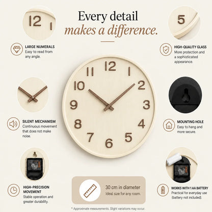 Cremona Cream Wood 30cm wooden wall clock, features graphic: large numerals, silent movement, hanging hole and one AA battery