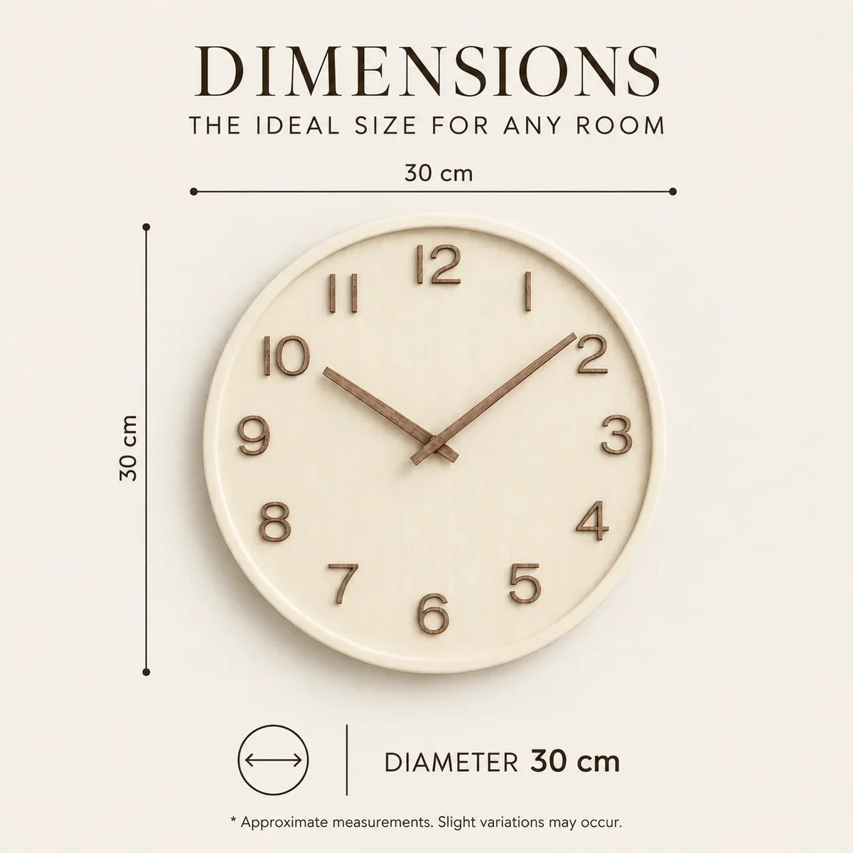 Cremona Cream Wood 30cm wooden wall clock, size guide, 30 cm diameter
