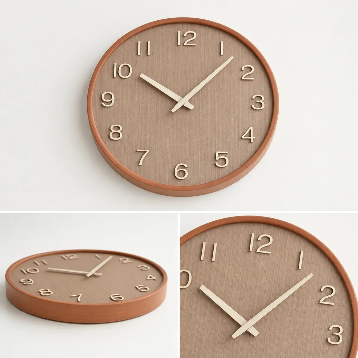 Cremona Dark Wood 30cm wooden wall clock, detail views of the numerals, frame and back