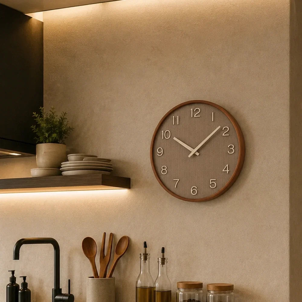 Cremona Dark Wood 30cm wooden wall clock, in a kitchen