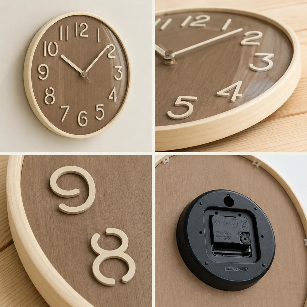 Napoli Dark Wood Pattern A 30cm wooden wall clock, detail views of the numerals, frame and back