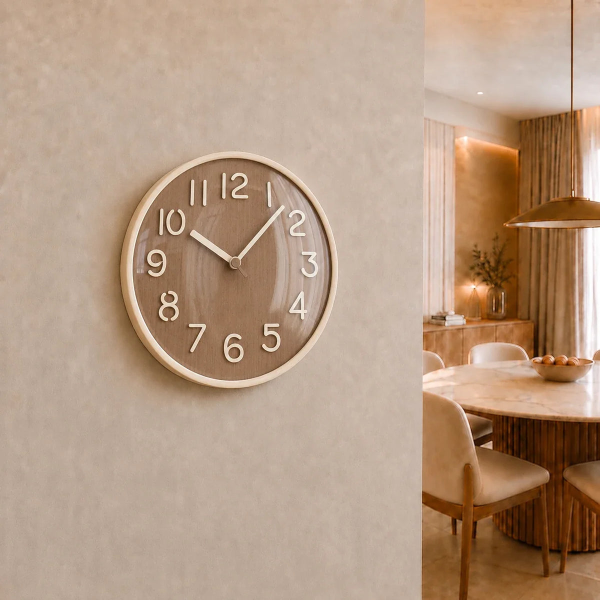 Napoli Dark Wood Pattern A 30cm wooden wall clock, on a dining room wall
