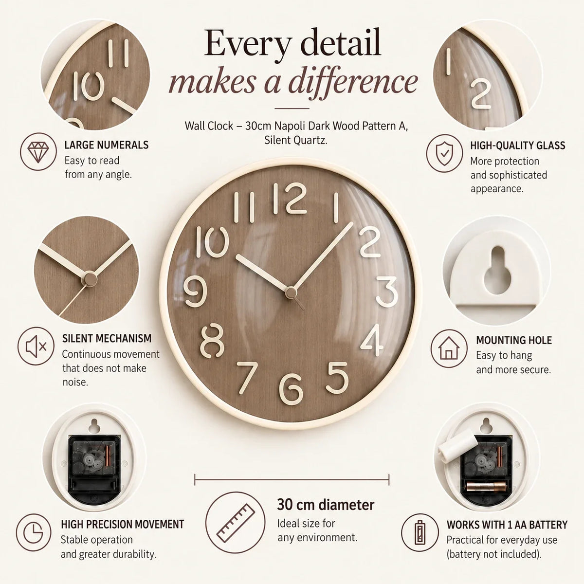 Napoli Dark Wood Pattern A 30cm wooden wall clock, features graphic: large numerals, silent movement, hanging hole and one AA battery