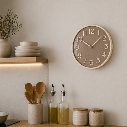 Napoli Dark Wood Pattern A 30cm wooden wall clock, in a kitchen