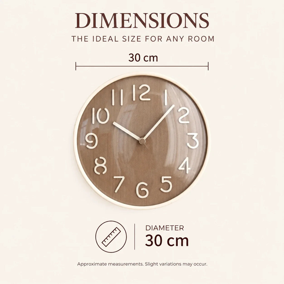 Napoli Dark Wood Pattern A 30cm wooden wall clock, size guide, 30 cm diameter