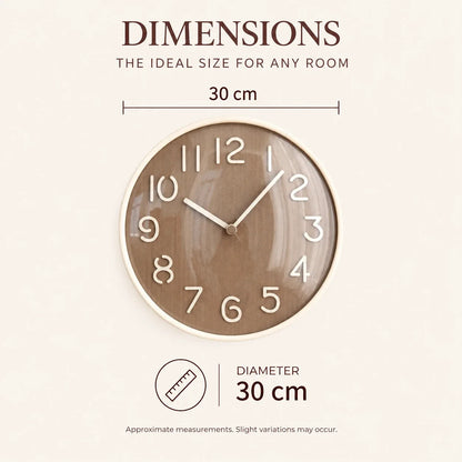 Napoli Dark Wood Pattern A 30cm wooden wall clock, size guide, 30 cm diameter