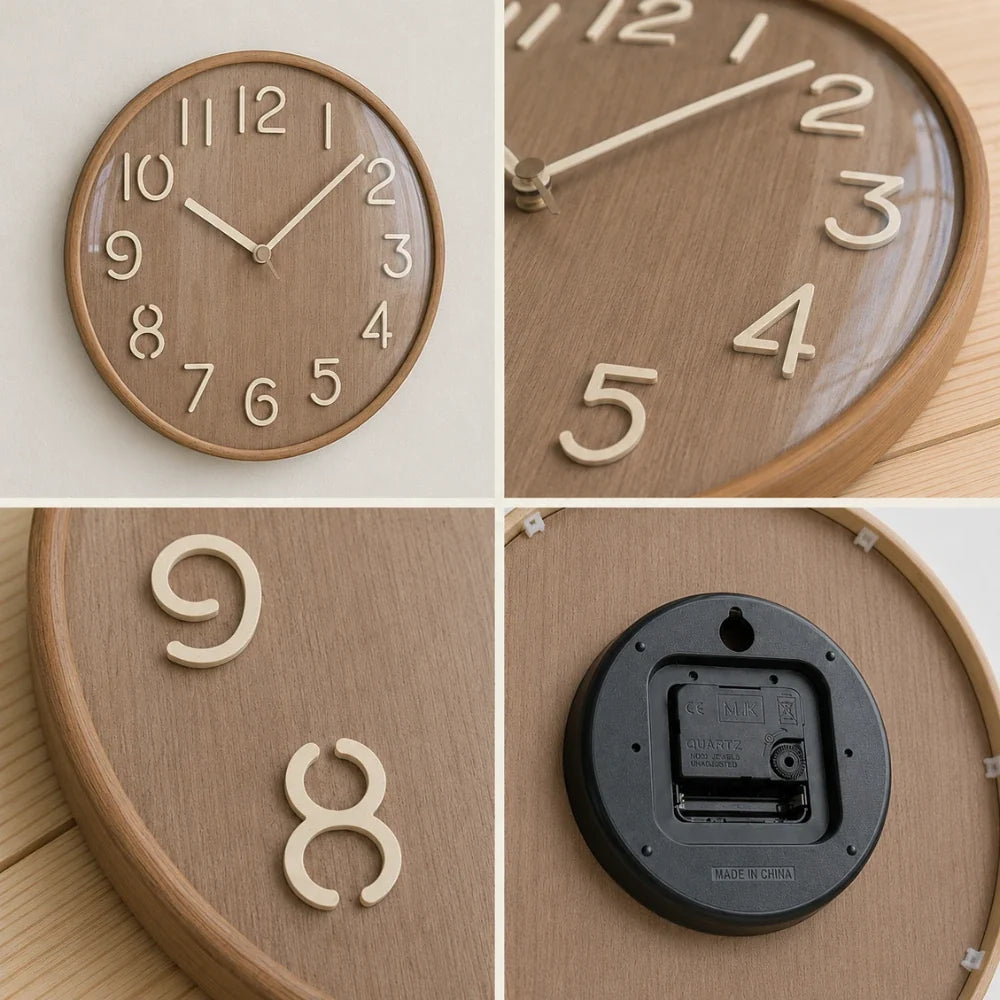 Napoli Dark Wood Pattern B 30cm wooden wall clock, detail views of the numerals, frame and back