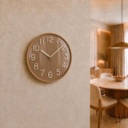 Napoli Dark Wood Pattern B 30cm wooden wall clock, on a dining room wall