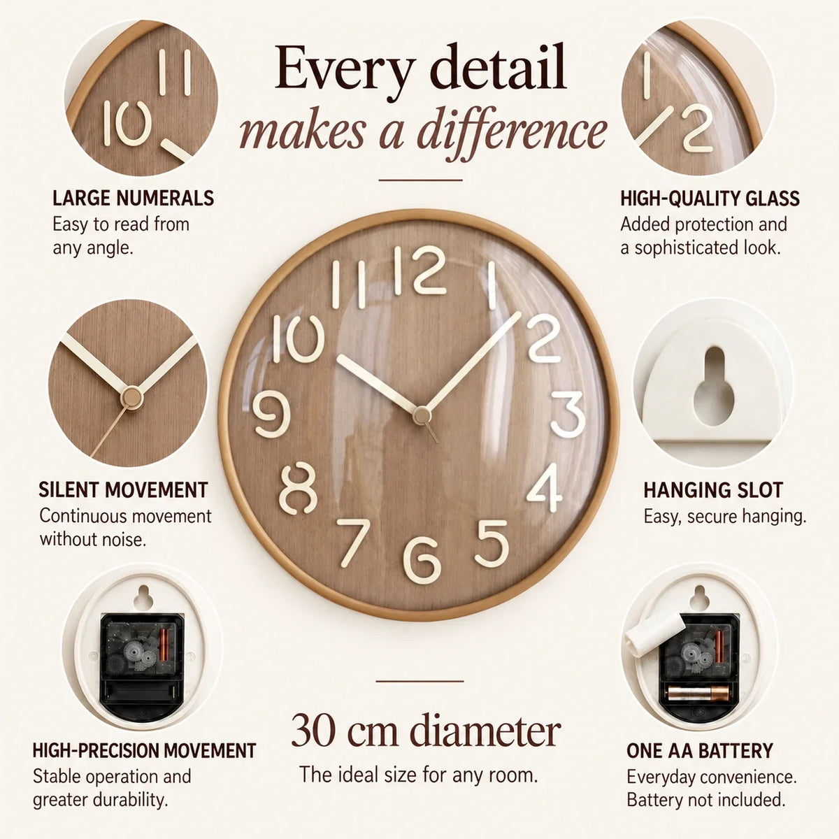 Napoli Dark Wood Pattern B wall clock, English feature guide showing large numerals, glass protection, silent movement, hanging slot and AA battery power