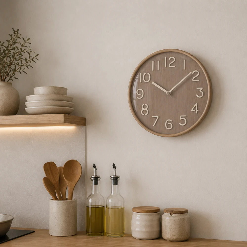 Napoli Dark Wood Pattern B 30cm wooden wall clock, in a kitchen