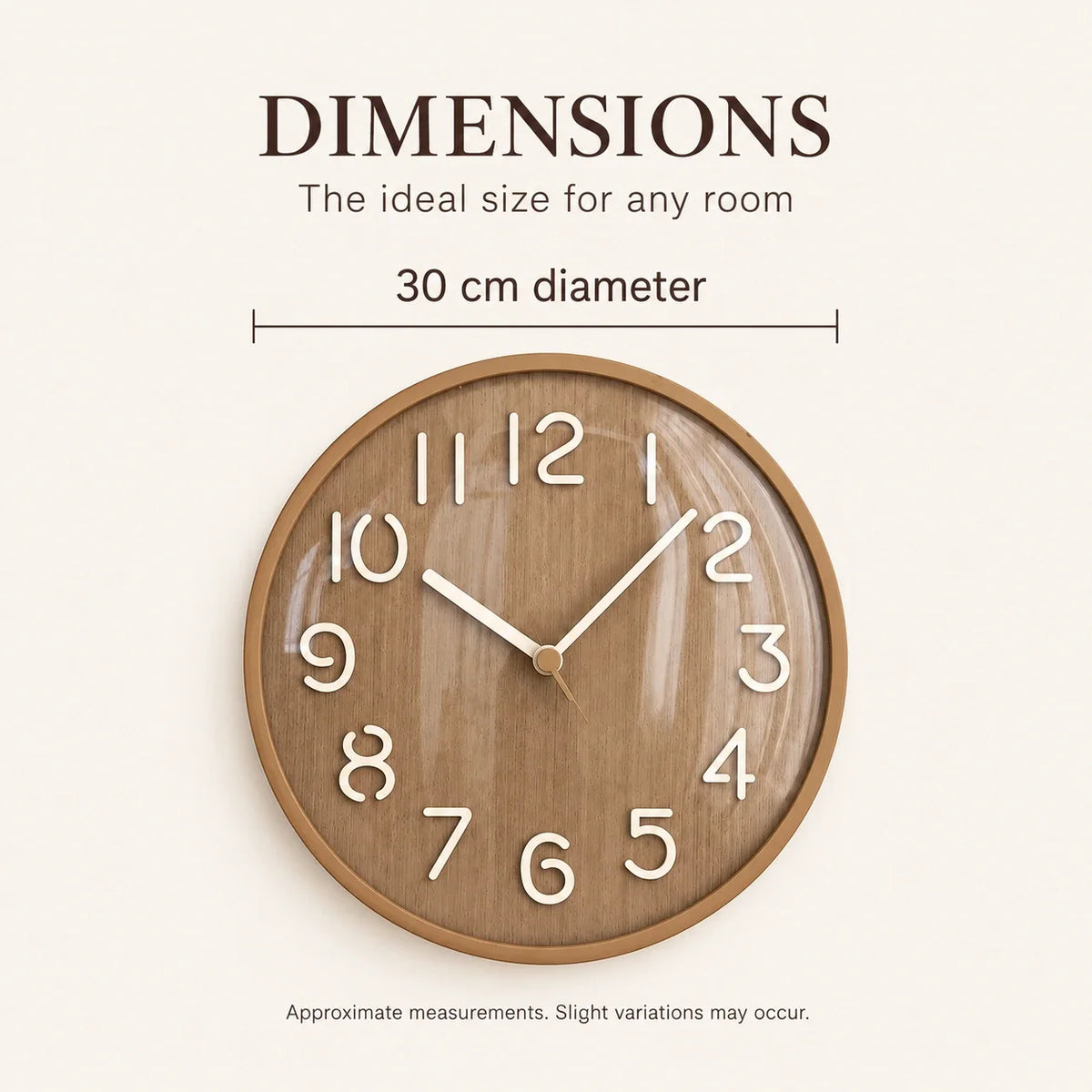 Napoli Dark Wood Pattern B wall clock, English dimension guide showing 30 cm diameter and approximate measurement note