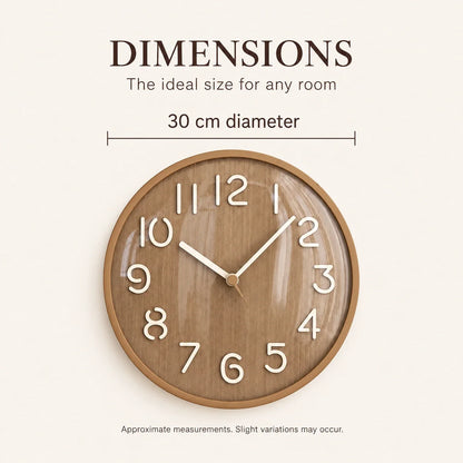 Napoli Dark Wood Pattern B wall clock, English dimension guide showing 30 cm diameter and approximate measurement note