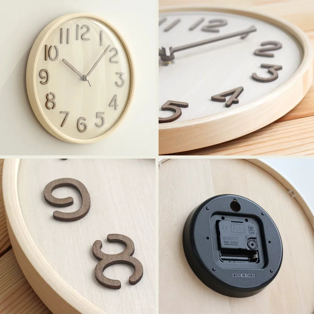 Napoli Light Wood Pattern A 30cm wooden wall clock, detail views of the numerals, frame and back