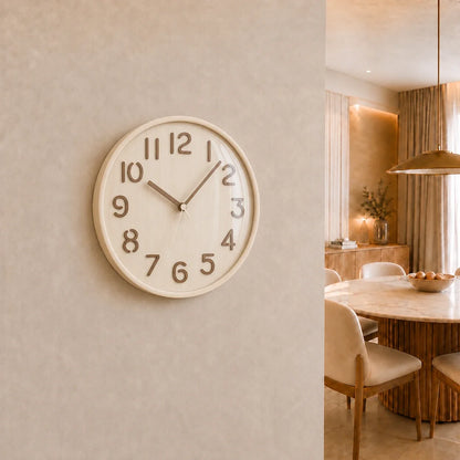 Napoli Light Wood Pattern A 30cm wooden wall clock, on a dining room wall