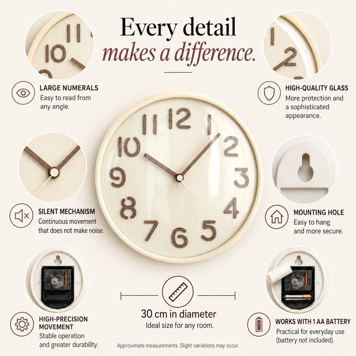 Napoli Light Wood Pattern A 30cm wooden wall clock, features graphic: large numerals, silent movement, hanging hole and one AA battery