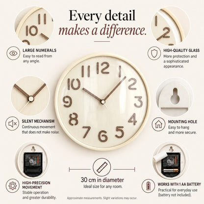 Napoli Light Wood Pattern A 30cm wooden wall clock, features graphic: large numerals, silent movement, hanging hole and one AA battery