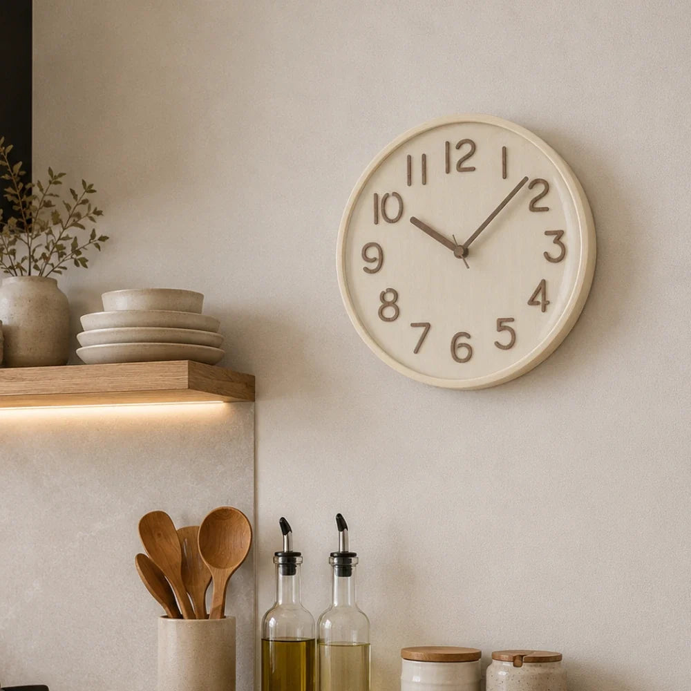 Napoli Light Wood Pattern A 30cm wooden wall clock, in a kitchen