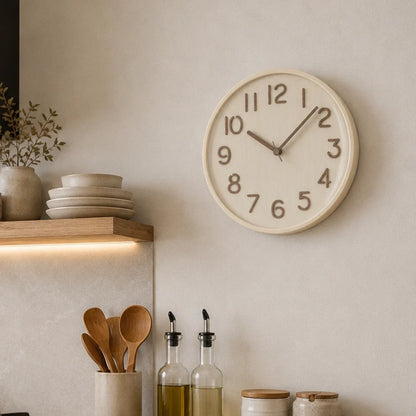 Napoli Light Wood Pattern A 30cm wooden wall clock, in a kitchen