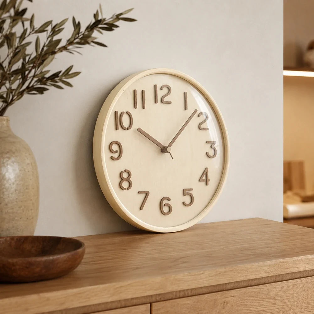 Napoli Light Wood Pattern A 30cm wooden wall clock, in a living room
