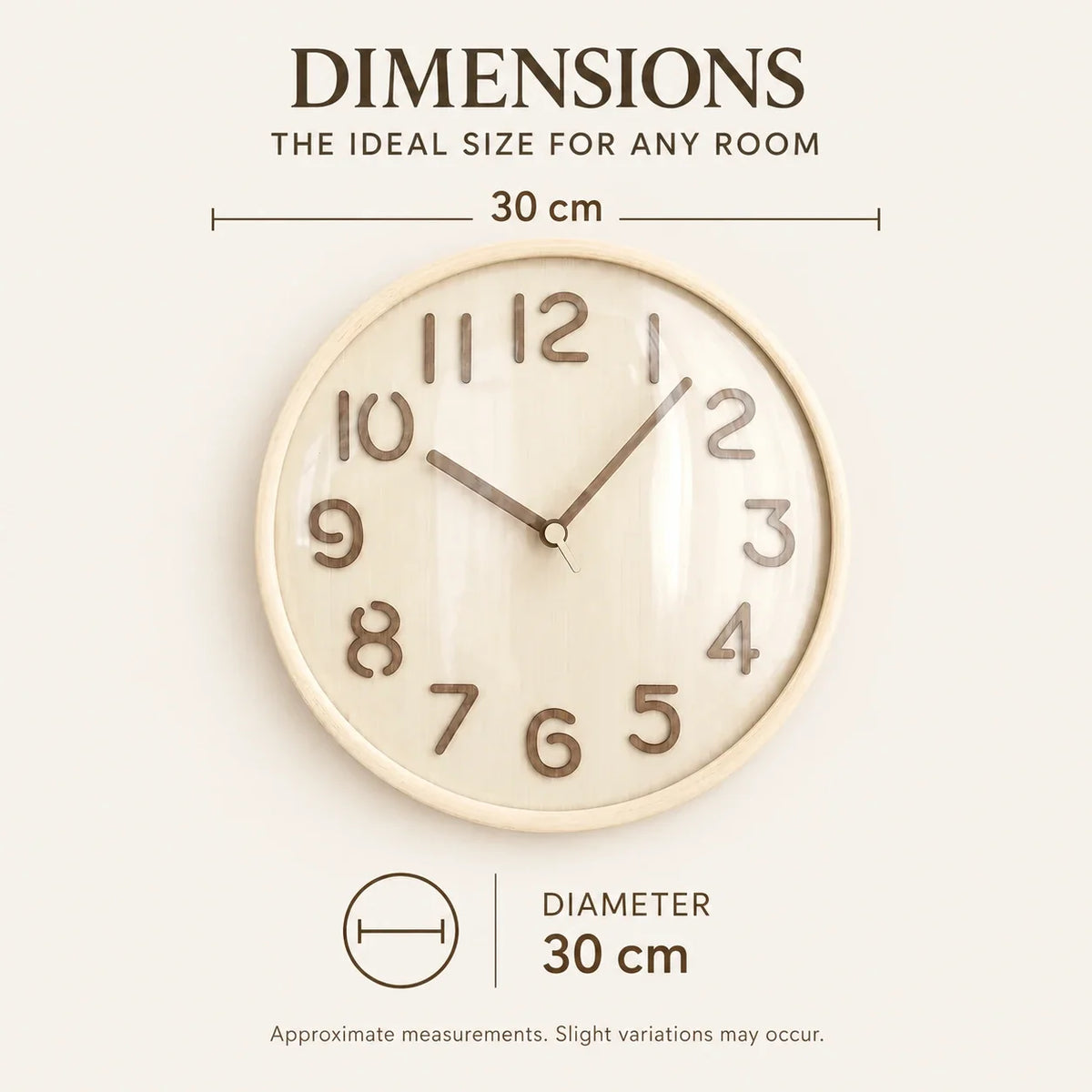 Napoli Light Wood Pattern A 30cm wooden wall clock, size guide, 30 cm diameter