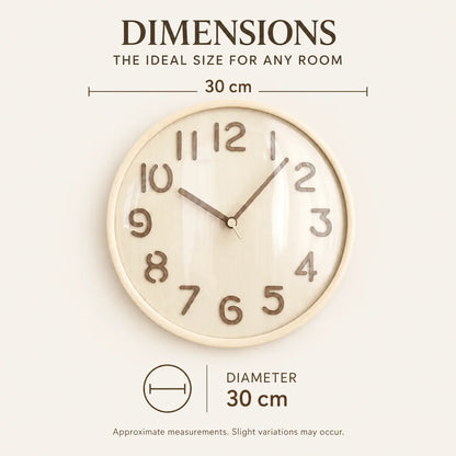 Napoli Light Wood Pattern A 30cm wooden wall clock, size guide, 30 cm diameter
