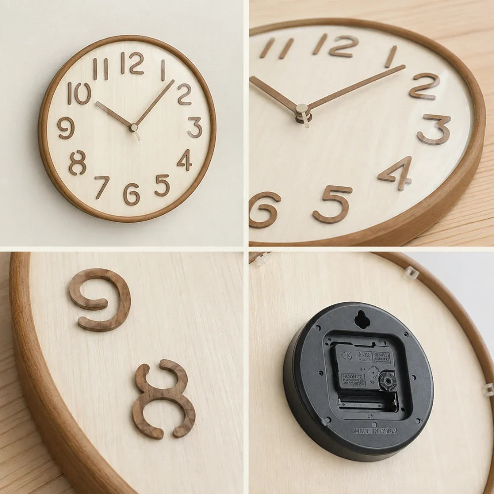 Napoli Light Wood Pattern B 30cm wooden wall clock, detail views of the numerals, frame and back