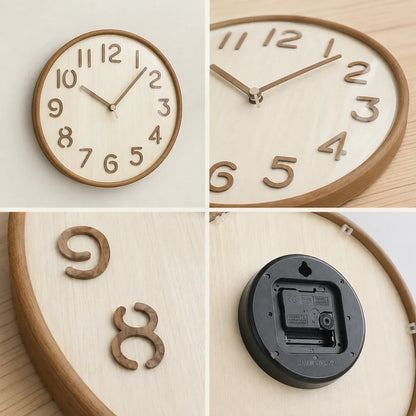 Napoli Light Wood Pattern B 30cm wooden wall clock, detail views of the numerals, frame and back