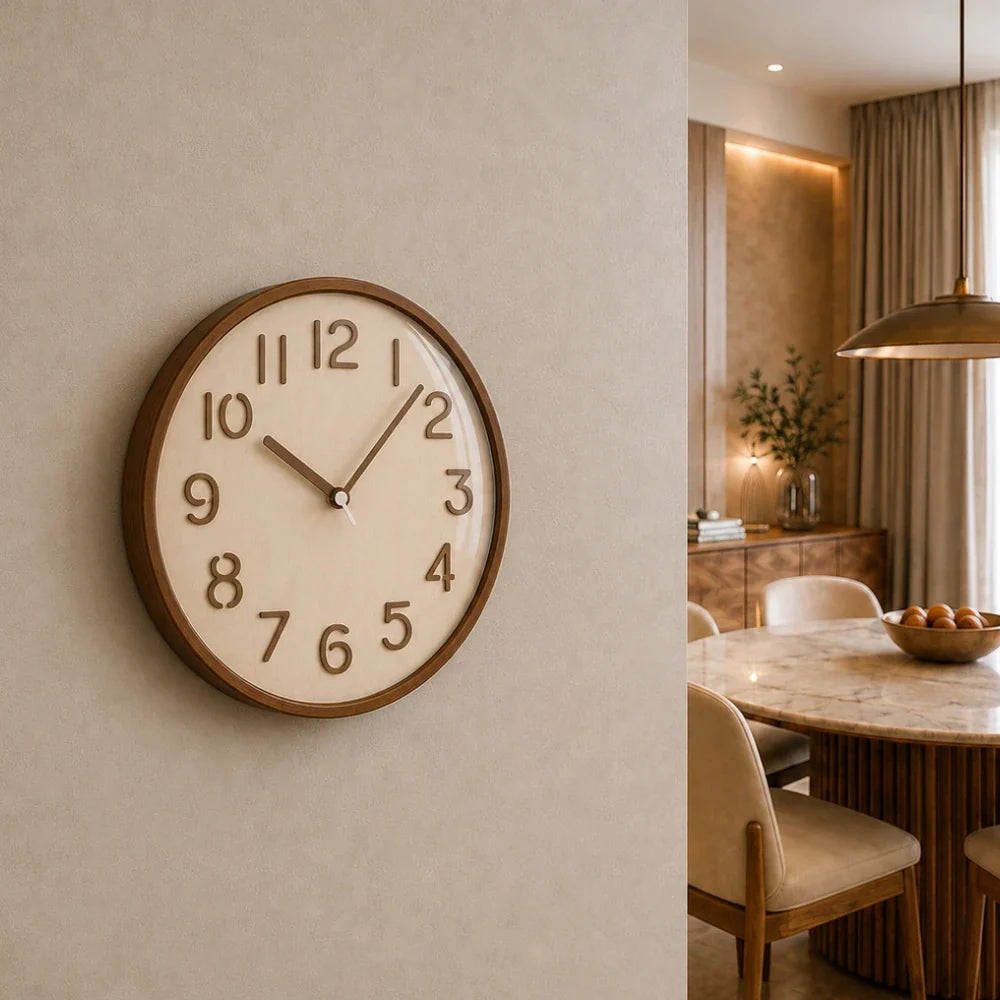 Napoli Light Wood Pattern B 30cm wooden wall clock, on a dining room wall