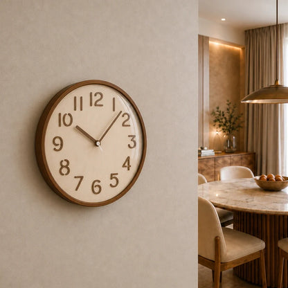 Napoli Light Wood Pattern B 30cm wooden wall clock, on a dining room wall