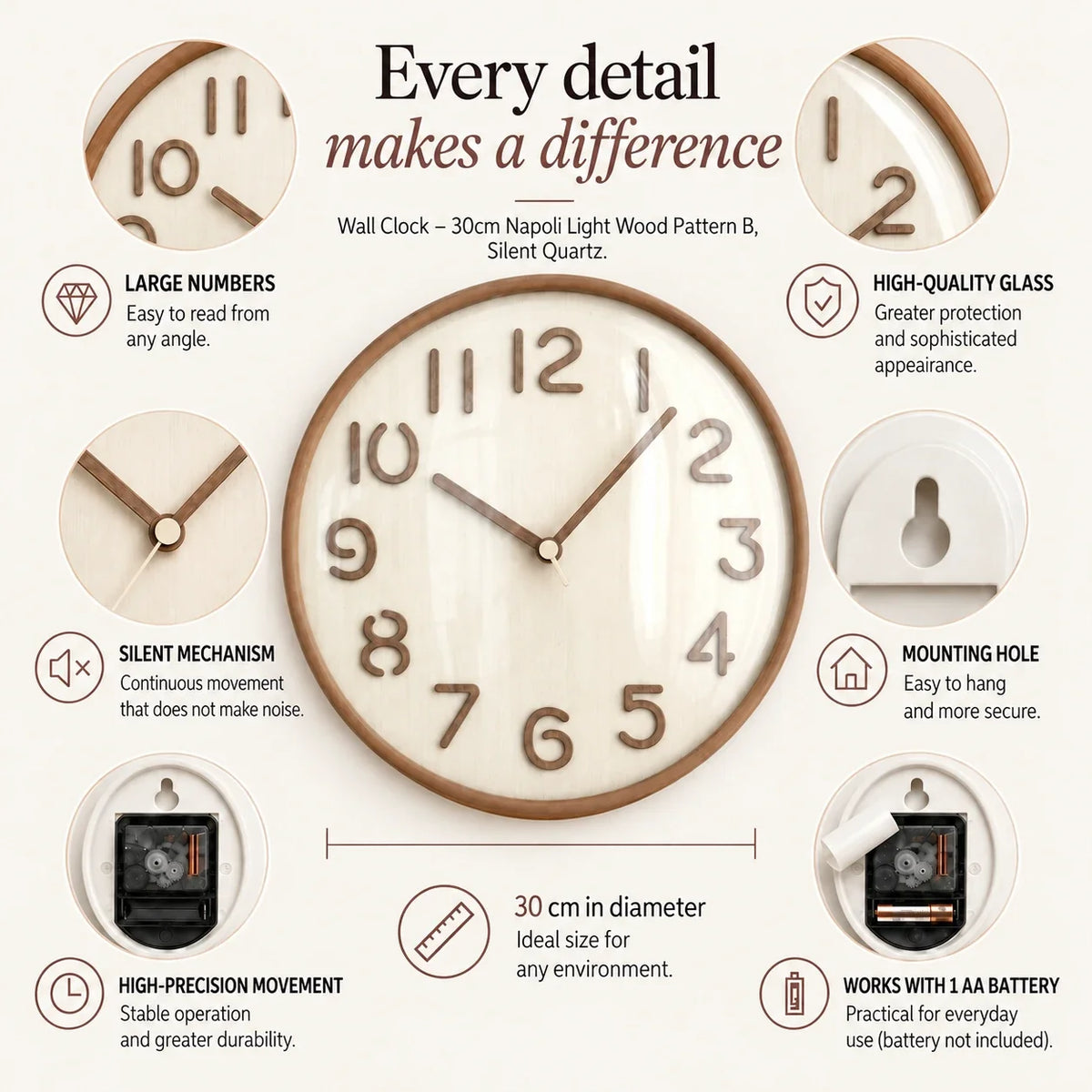 Napoli Light Wood Pattern B 30cm wooden wall clock, features graphic: large numerals, silent movement, hanging hole and one AA battery