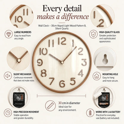 Napoli Light Wood Pattern B 30cm wooden wall clock, features graphic: large numerals, silent movement, hanging hole and one AA battery