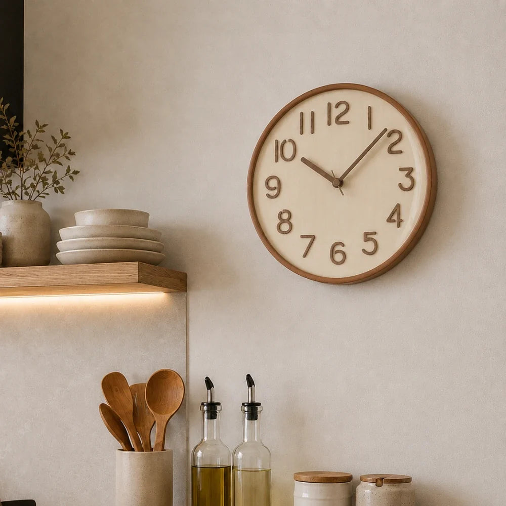 Napoli Light Wood Pattern B 30cm wooden wall clock, in a kitchen
