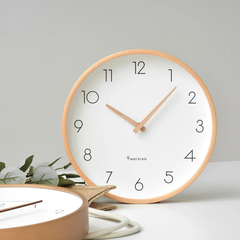 Toscana Beige 26cm wooden wall clock, angled view on the wall