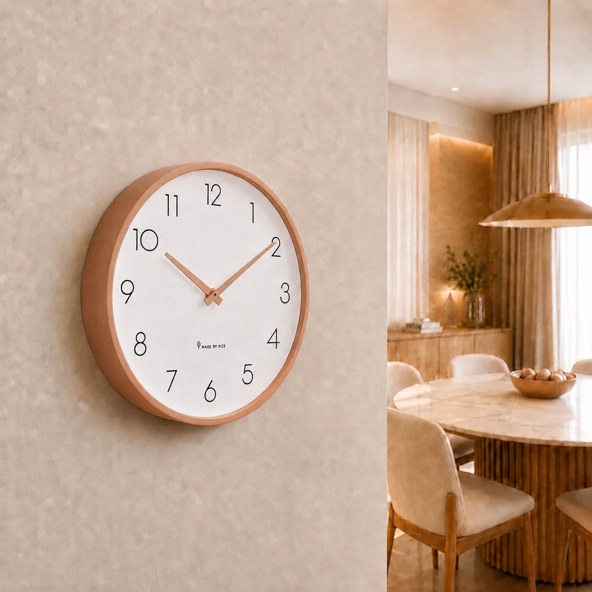 Toscana Beige 26cm wooden wall clock, on a dining room wall