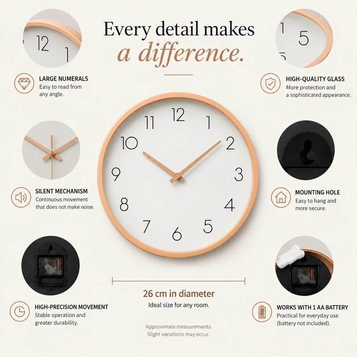 Toscana Beige 26cm wooden wall clock, features graphic: large numerals, silent movement, hanging hole and one AA battery