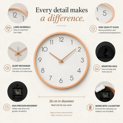 Toscana Beige 26cm wooden wall clock, features graphic: large numerals, silent movement, hanging hole and one AA battery