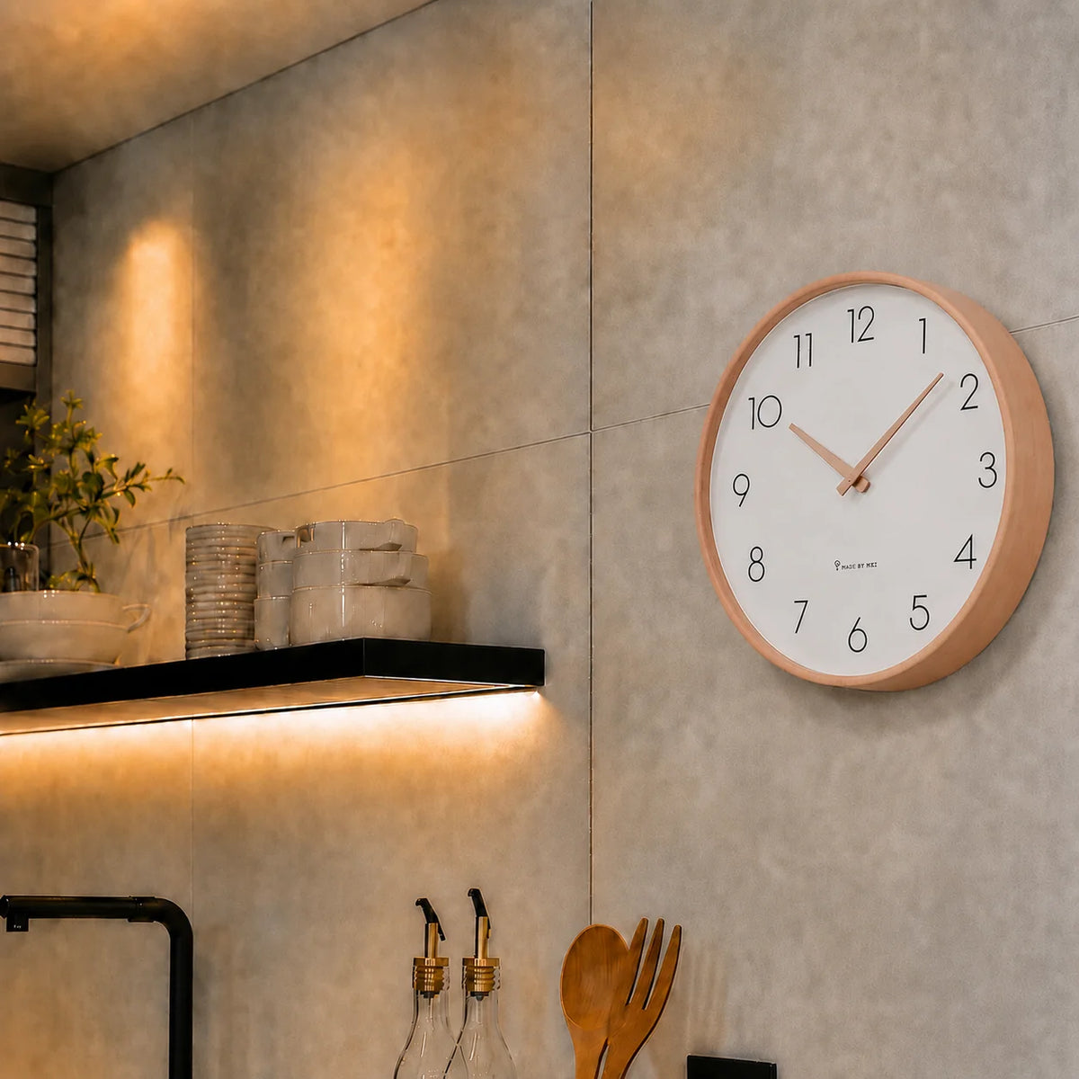 Toscana Beige 26cm wooden wall clock, in a kitchen