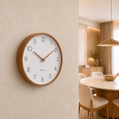 Toscana Brown 26cm wooden wall clock, on a dining room wall