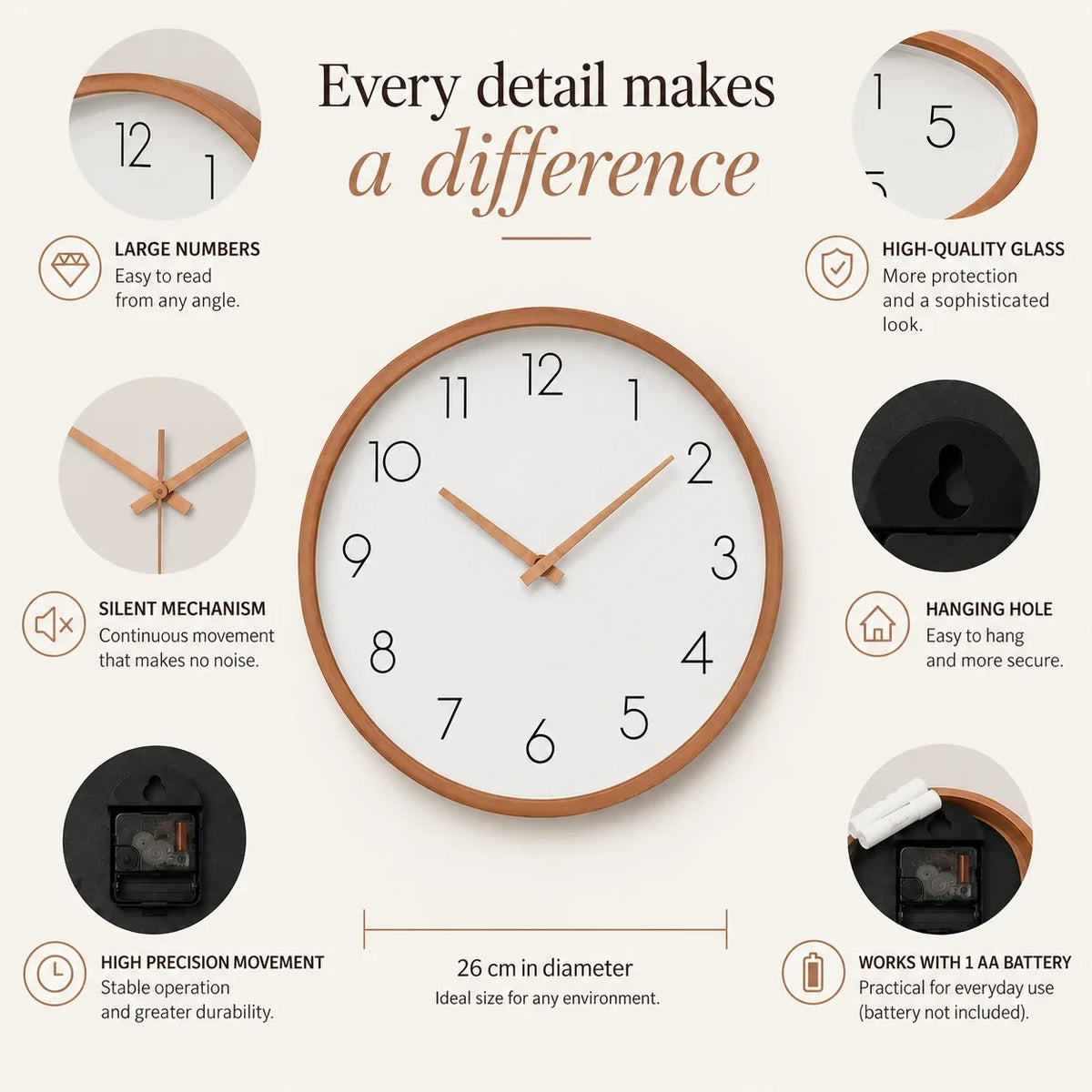 Toscana Brown 26cm wooden wall clock, features graphic: large numerals, silent movement, hanging hole and one AA battery